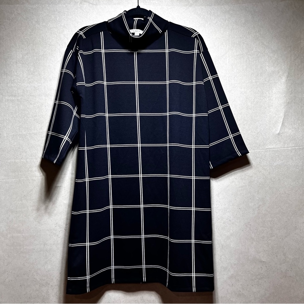 Loft Navy and Whit Window Pane Funnel Neck Tunic Dress, Size Medium, NWT